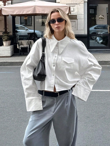 Essnce Women Front Button Long Sleeve Faux Pocket Minimalist Casual Shirt