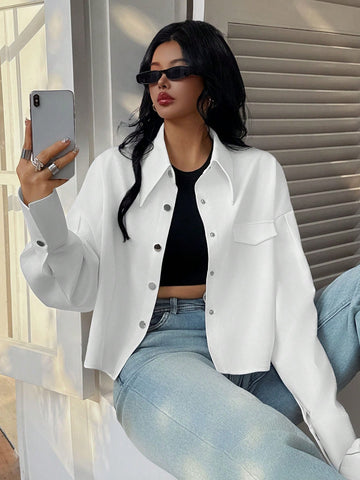 Essnce Women Front Button Long Sleeve Faux Pocket Minimalist Casual Shirt