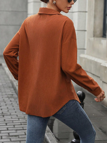 Essnce Women Front Button Long Sleeve Pocket Solid Casual Blouse