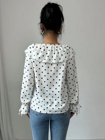 Essnce Women Front Tie Long Sleeve All-Over Print Simple Casual Top, Everyday Wear