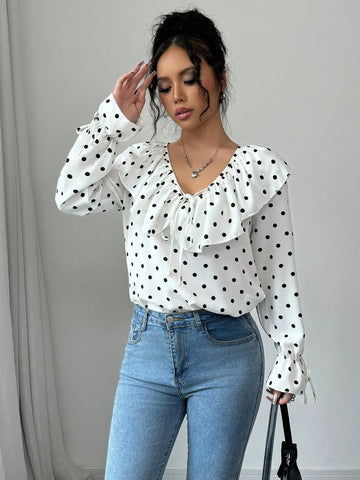 Essnce Women Front Tie Long Sleeve All-Over Print Simple Casual Top, Everyday Wear