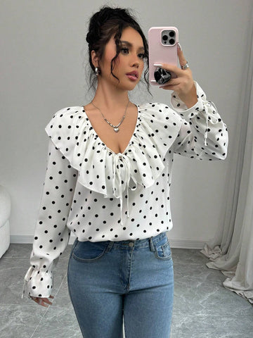 Essnce Women Front Tie Long Sleeve All-Over Print Simple Casual Top, Everyday Wear