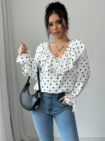 Essnce Women Front Tie Long Sleeve All-Over Print Simple Casual Top, Everyday Wear