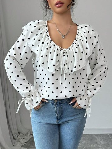 Essnce Women Front Tie Long Sleeve All-Over Print Simple Casual Top, Everyday Wear