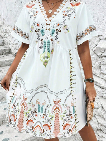 Women Holiday Leisure Positioning Printed Short Sleeve Dress