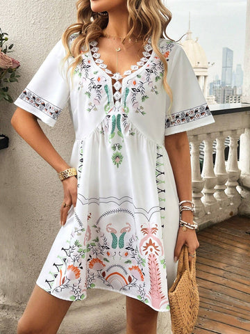 Women Holiday Leisure Positioning Printed Short Sleeve Dress