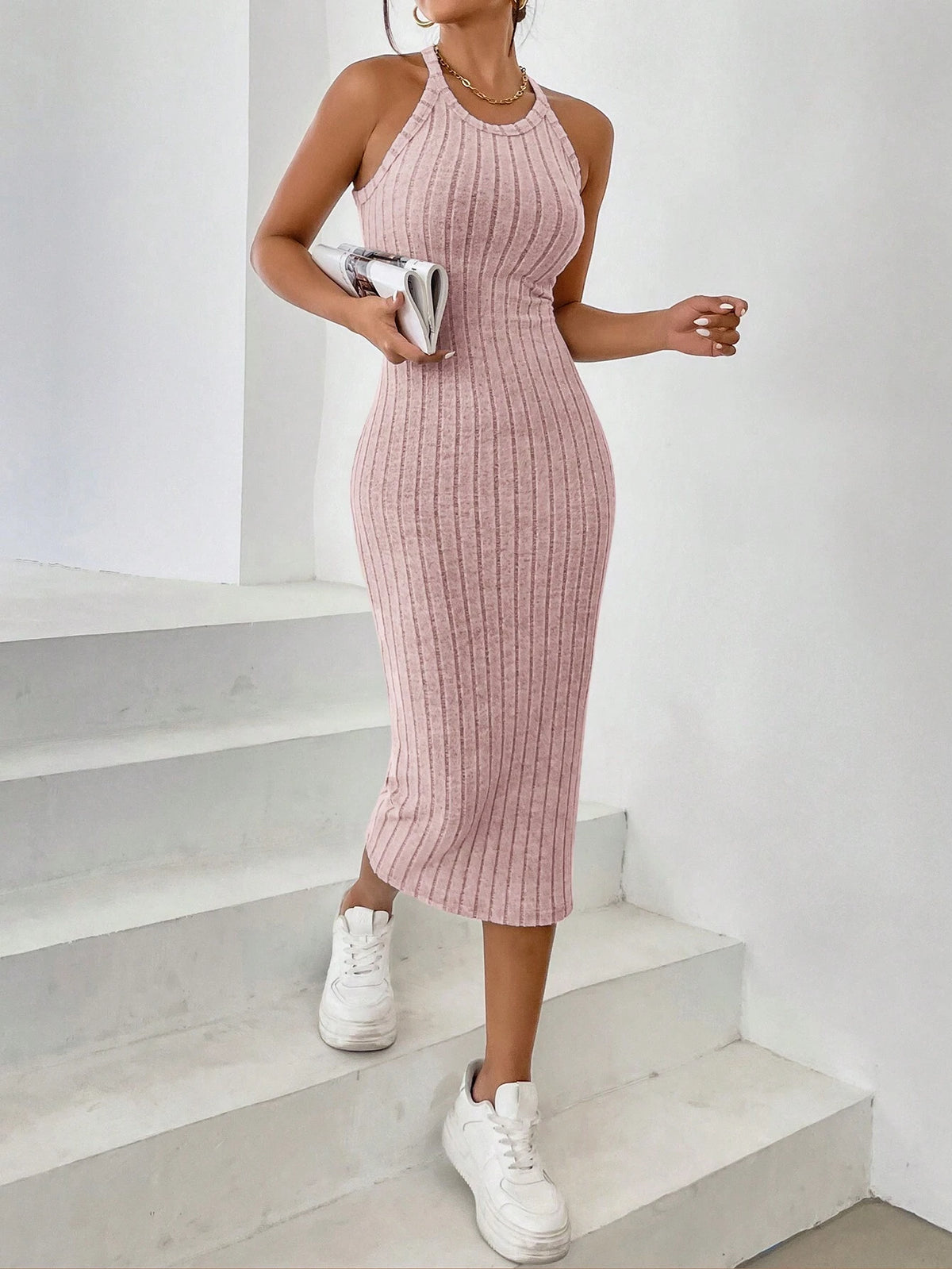 Women Knitted Striped Off Shoulder Dress