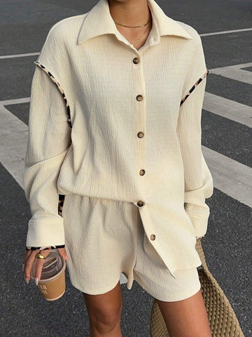 Women Leopard Print Splice Loose Shirt, Casual Fashion Women 2Pcs Set For Autumn/Winter