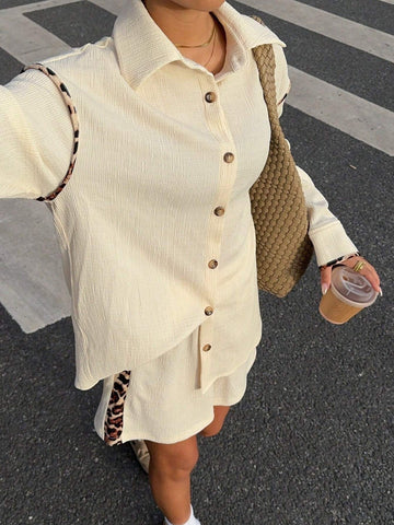 Women Leopard Print Splice Loose Shirt, Casual Fashion Women 2Pcs Set For Autumn/Winter