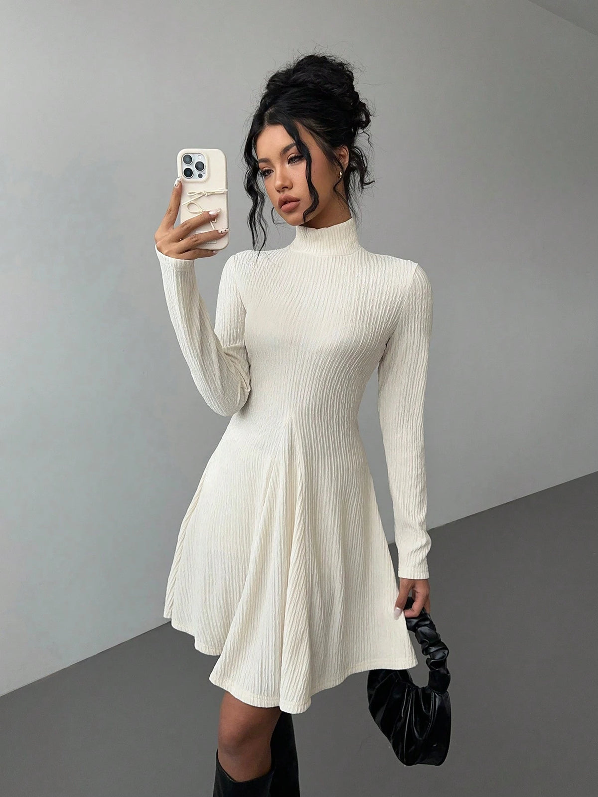 Women Long Sleeve Waist Cinched Slimming A-Line Dress