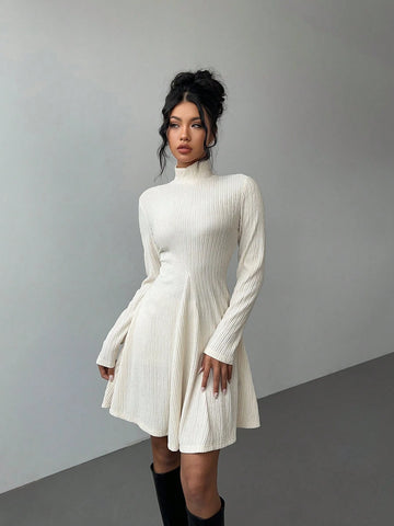 Women Long Sleeve Waist Cinched Slimming A-Line Dress
