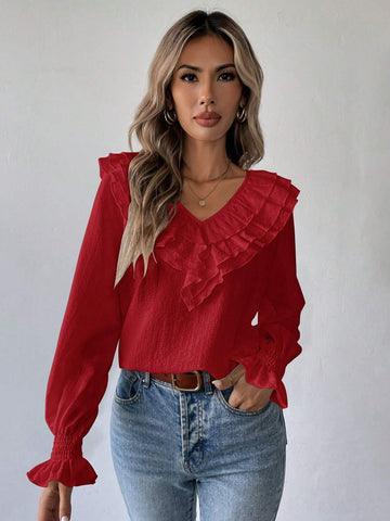 Essnce Women Plain Long Sleeve V-Neck Pleated Minimalist Blouse, Casual For Everyday Wear