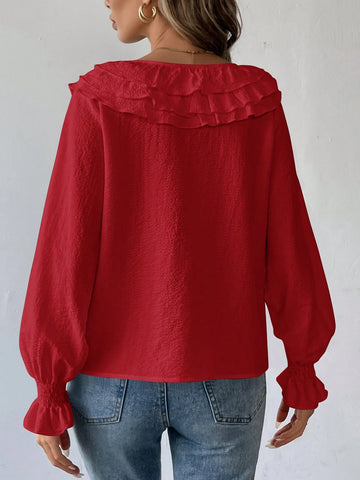 Essnce Women Plain Long Sleeve V-Neck Pleated Minimalist Blouse, Casual For Everyday Wear