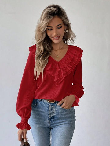 Essnce Women Plain Long Sleeve V-Neck Pleated Minimalist Blouse, Casual For Everyday Wear