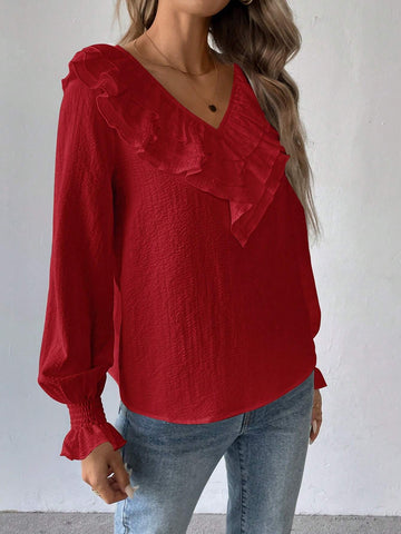 Essnce Women Plain Long Sleeve V-Neck Pleated Minimalist Blouse, Casual For Everyday Wear