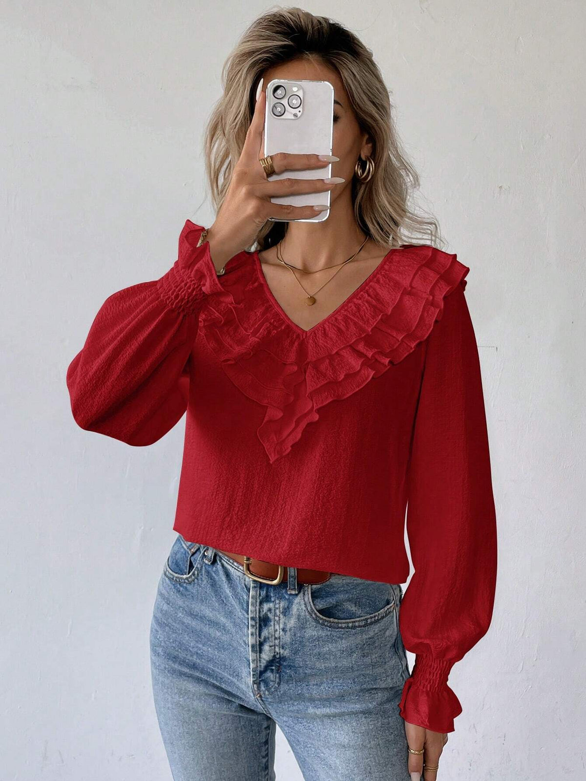 Essnce Women Plain Long Sleeve V-Neck Pleated Minimalist Blouse, Casual For Everyday Wear