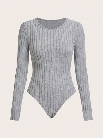 Women Plush Fabric Bodysuit, Ribbed Texture, Long Sleeve, Comfortable Casual, Autumn/Winter
