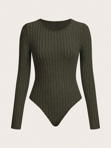 Women Plush Fabric Bodysuit, Ribbed Texture, Long Sleeve, Comfortable Casual, Autumn/Winter