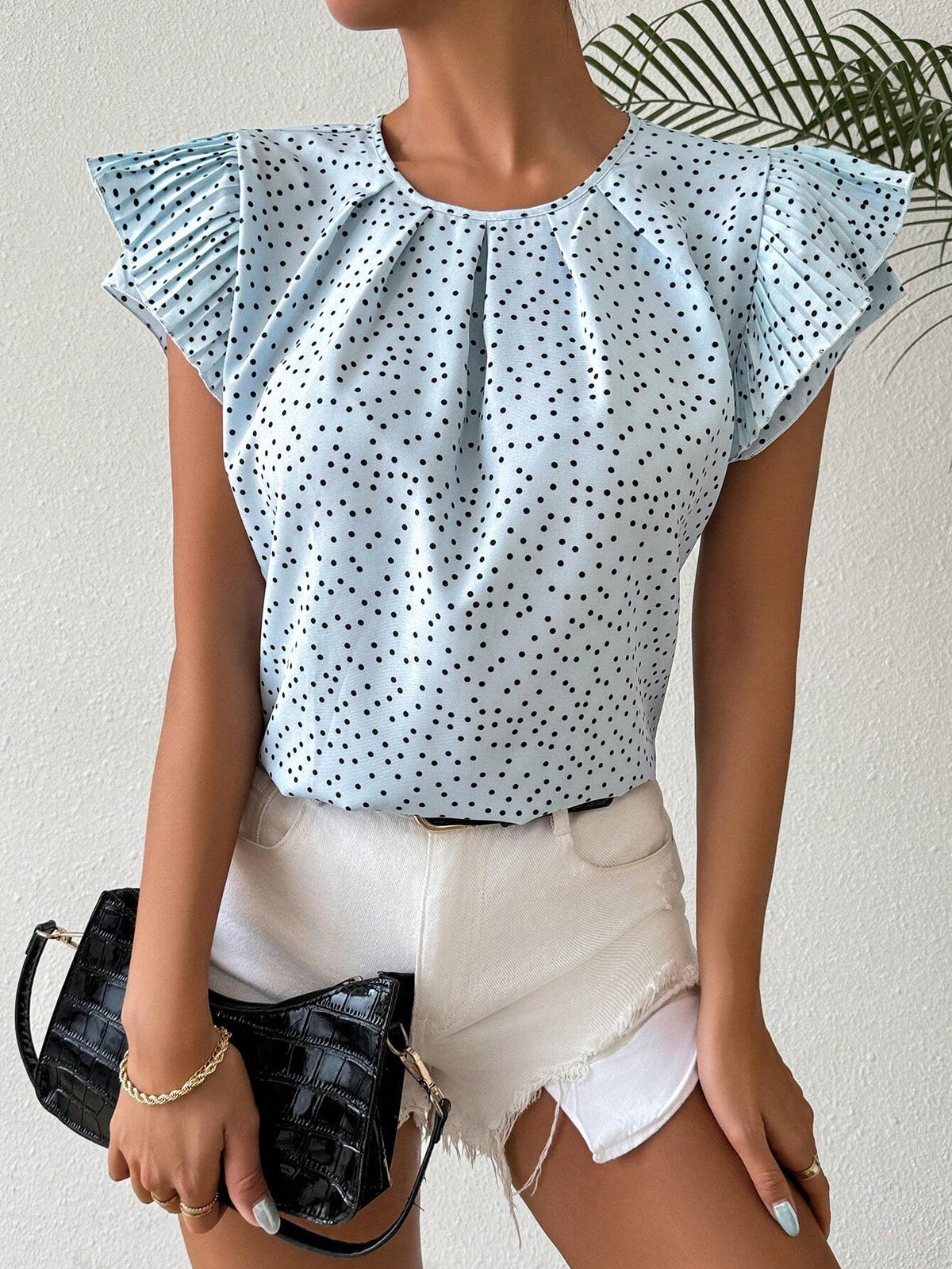 Essnce Women Polka Dot Print Pleated Design Button-Down Shirt