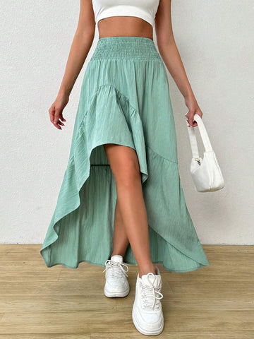 Essnce Women Ruffle High Low Hem Elastic Waist Asymmetrical Hem Long Skirt