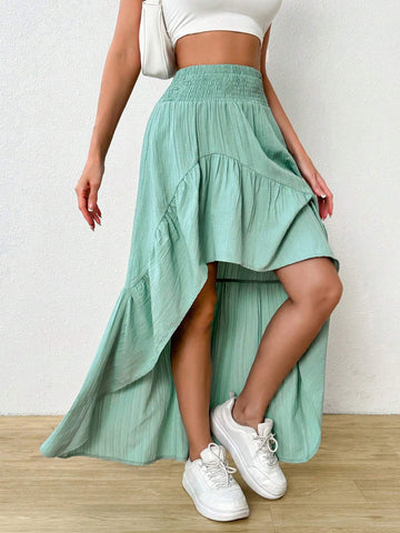 Essnce Women Ruffle High Low Hem Elastic Waist Asymmetrical Hem Long Skirt