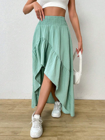 Essnce Women Ruffle High Low Hem Elastic Waist Asymmetrical Hem Long Skirt