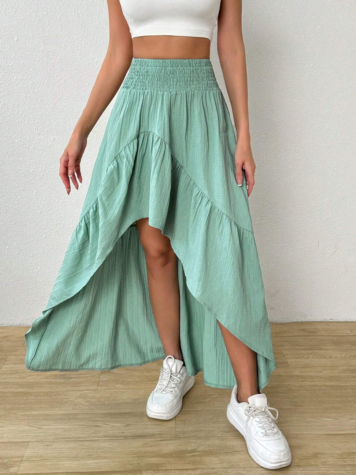 Essnce Women Ruffle High Low Hem Elastic Waist Asymmetrical Hem Long Skirt