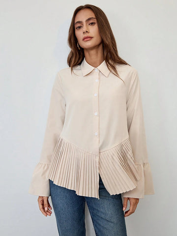 Essnce Women Ruffled Sleeve Pleated Hem Casual Blouse, Spring & Autumn