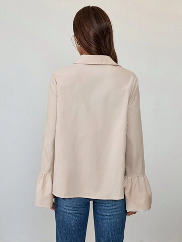 Essnce Women Ruffled Sleeve Pleated Hem Casual Blouse, Spring & Autumn