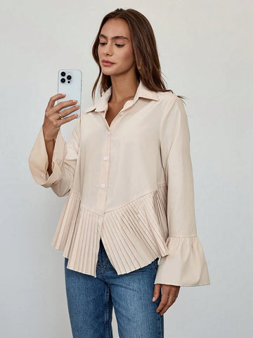 Essnce Women Ruffled Sleeve Pleated Hem Casual Blouse, Spring & Autumn