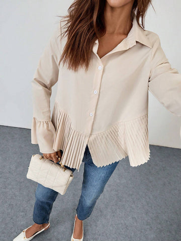 Essnce Women Ruffled Sleeve Pleated Hem Casual Blouse, Spring & Autumn
