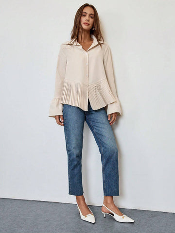 Essnce Women Ruffled Sleeve Pleated Hem Casual Blouse, Spring & Autumn