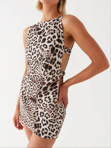 Women Sexy Leopard Print Knit Short Dress, Summer