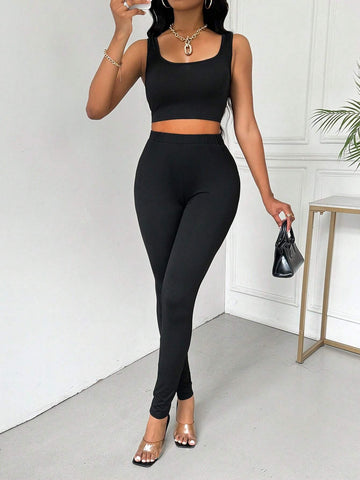 Women Sexy Yoga Workout Sleeveless Tank Top And Leggings, Slimming Sportswear Set For Summer