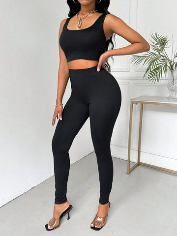 Women Sexy Yoga Workout Sleeveless Tank Top And Leggings, Slimming Sportswear Set For Summer