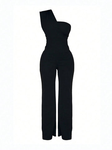 Women Sleeveless Solid Color Straight Leg Jumpsuit