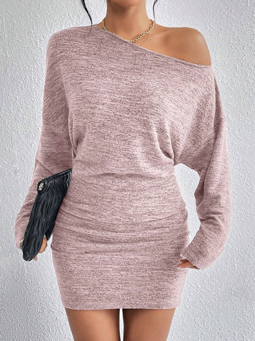 Women Solid Color Asymmetrical Neck Ruched Long Sleeve Dress