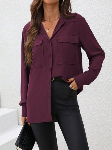 Essnce Women Solid Color Button Front Long Sleeve Pocket Casual Shirt
