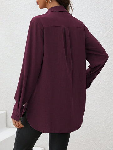 Essnce Women Solid Color Button Front Long Sleeve Pocket Casual Shirt