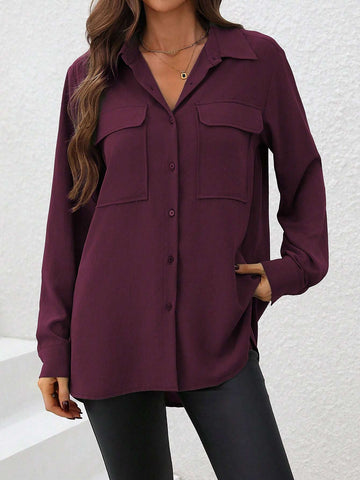 Essnce Women Solid Color Button Front Long Sleeve Pocket Casual Shirt