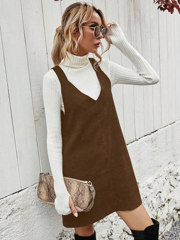 Women Solid Color Casual Versatile Suspender Dress, Autumn/Winter