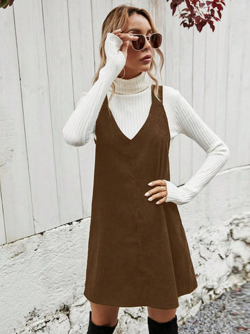 Women Solid Color Casual Versatile Suspender Dress, Autumn/Winter
