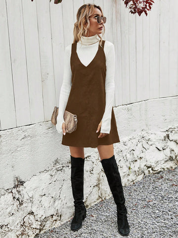 Women Solid Color Casual Versatile Suspender Dress, Autumn/Winter