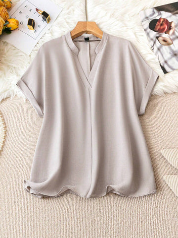 Essnce Women Solid Color Notched Collar Batwing Sleeve Shirt