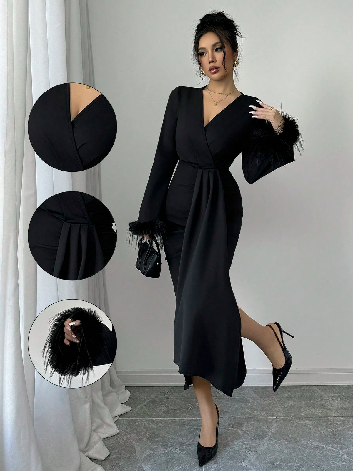 Women Solid Color Overlap V-Neck Fluffy Cuff Elegant Long Sleeve Dress, Autumn