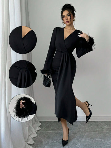 Women Solid Color Overlap V-Neck Fluffy Cuff Elegant Long Sleeve Dress, Autumn