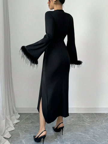 Women Solid Color Overlap V-Neck Fluffy Cuff Elegant Long Sleeve Dress, Autumn