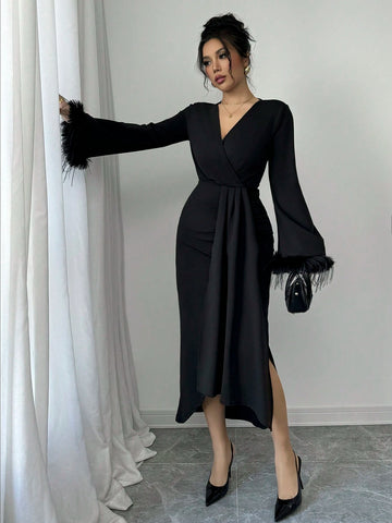 Women Solid Color Overlap V-Neck Fluffy Cuff Elegant Long Sleeve Dress, Autumn