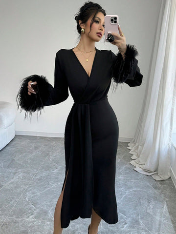 Women Solid Color Overlap V-Neck Fluffy Cuff Elegant Long Sleeve Dress, Autumn
