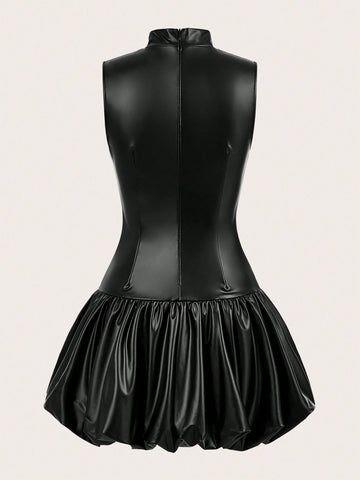 Women Solid Color Pleated Collar Sleeveless Short Dress